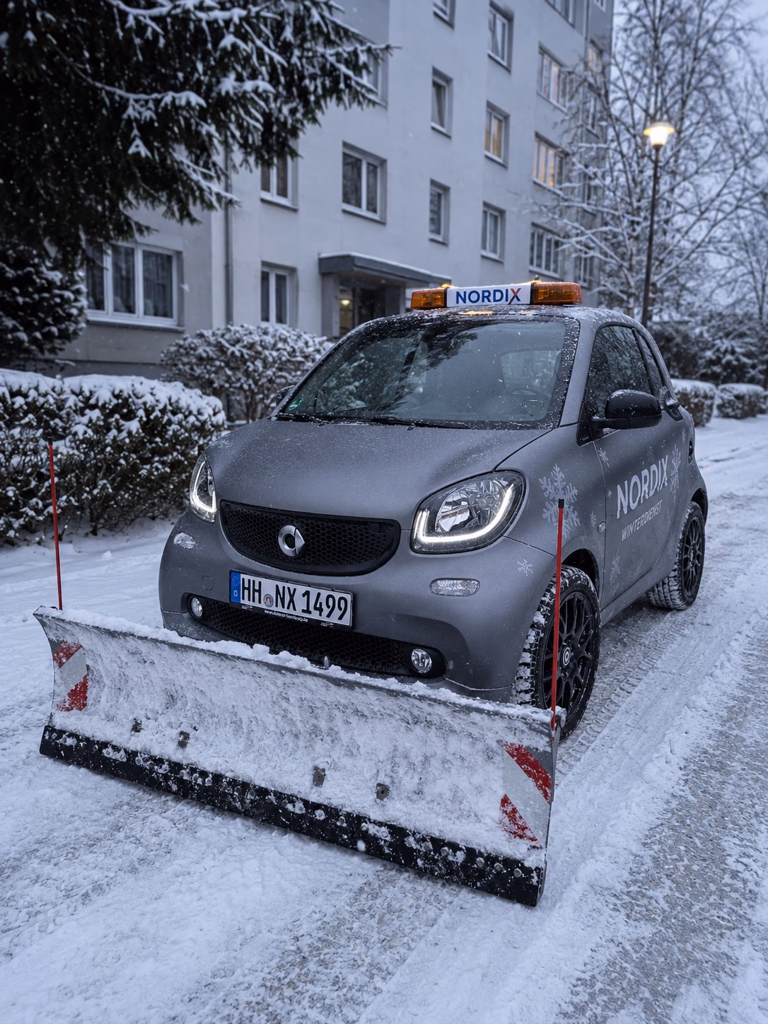 Grauer Smart Fortwo von Nordix Winterdienst mit Kennzeichen HH·NX 1499 und Räumschild im Schnee vor einer Hamburger Wohnanlage.