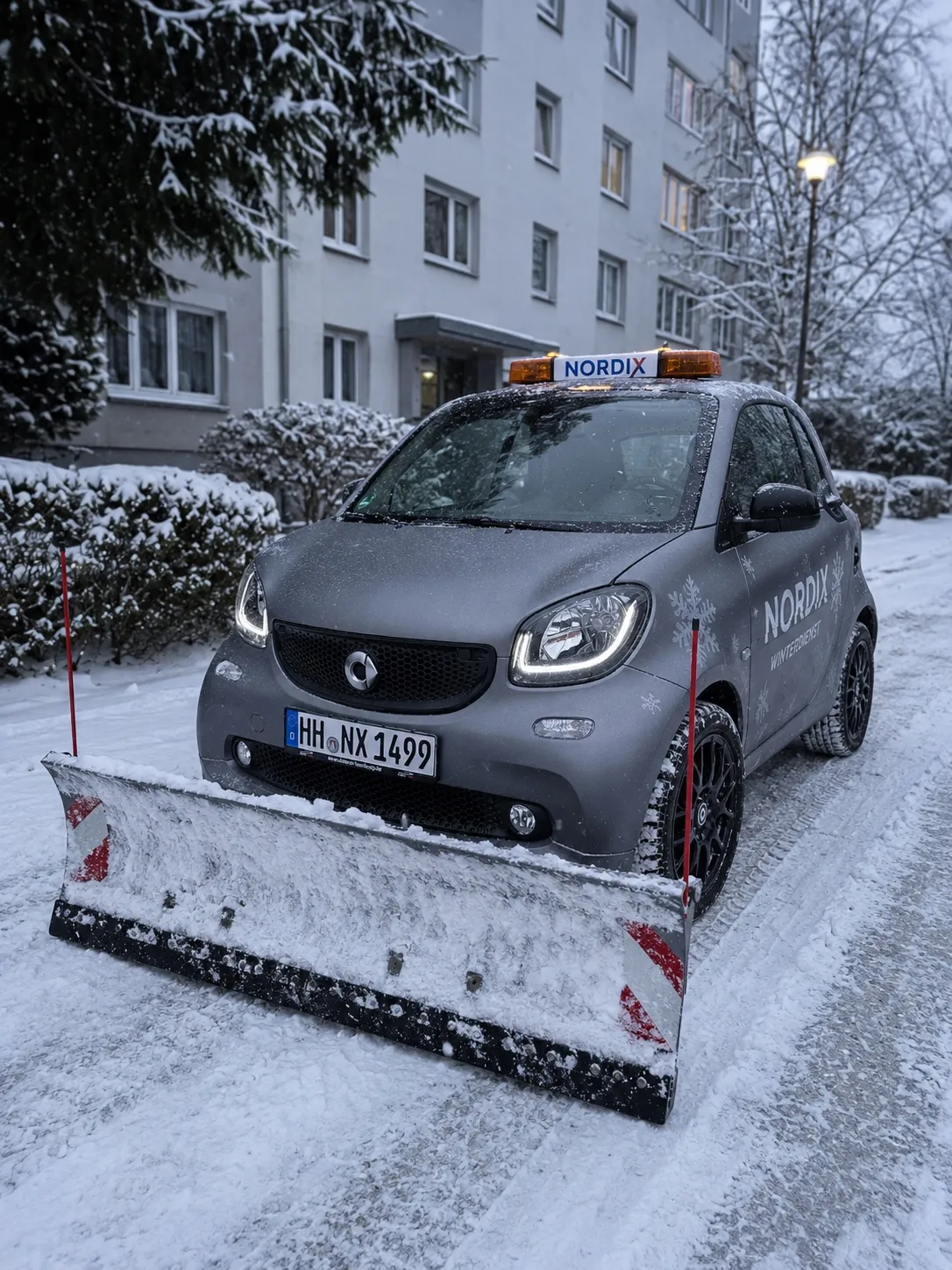 Grauer Smart Fortwo von Nordix Winterdienst mit Kennzeichen HH·NX 1499 vor einer Hamburger Wohnanlage.