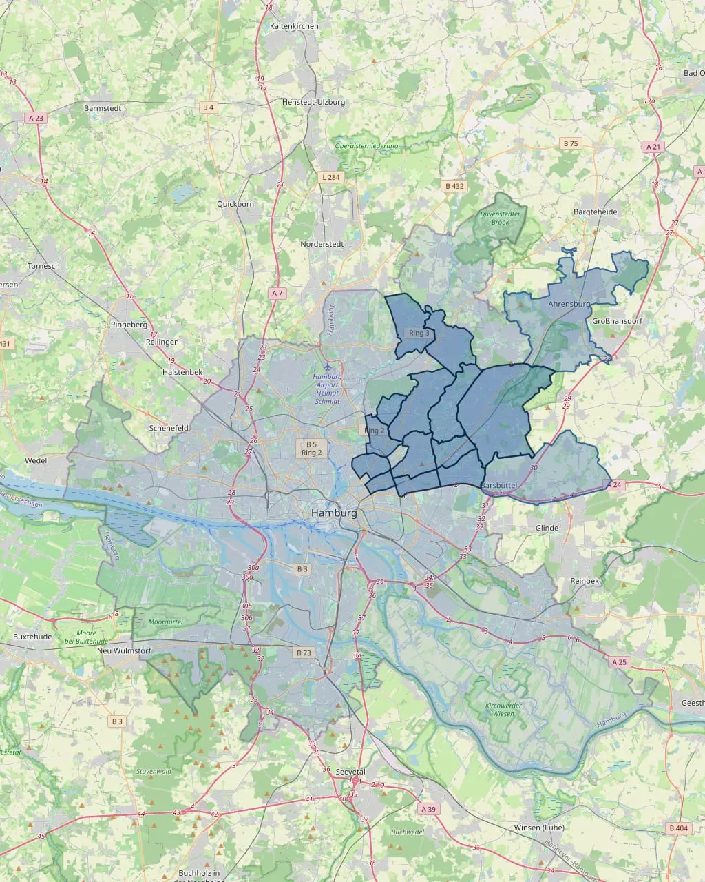 Kartenausschnitt von Hamburg mit blau markiertem Nordix-Einsatzgebiet im Nordosten der Stadt und im Umland.