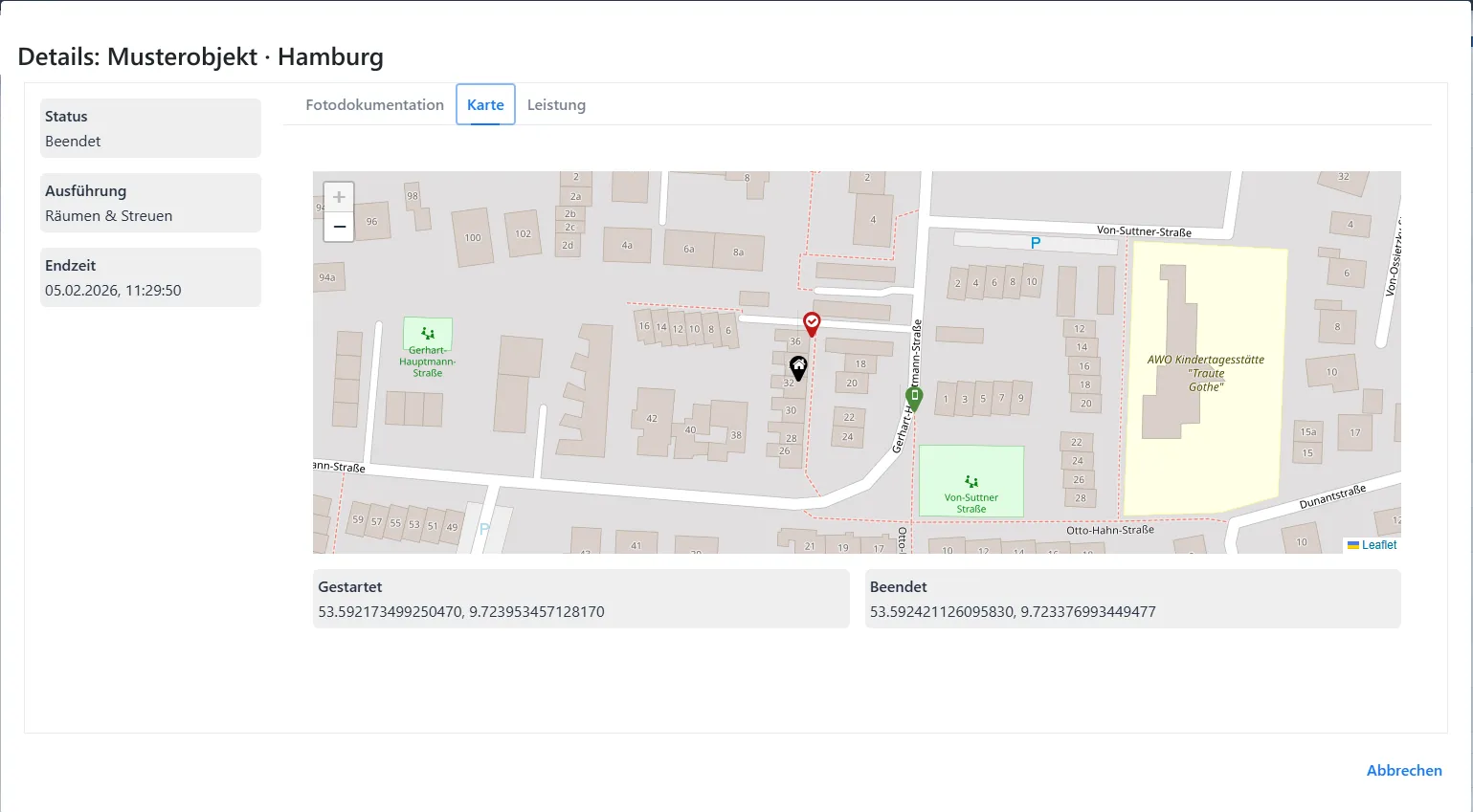 Kundenportal-Kartenansicht eines Einsatzes mit GPS-Markierungen für Start und Ende der Räumfahrt.
