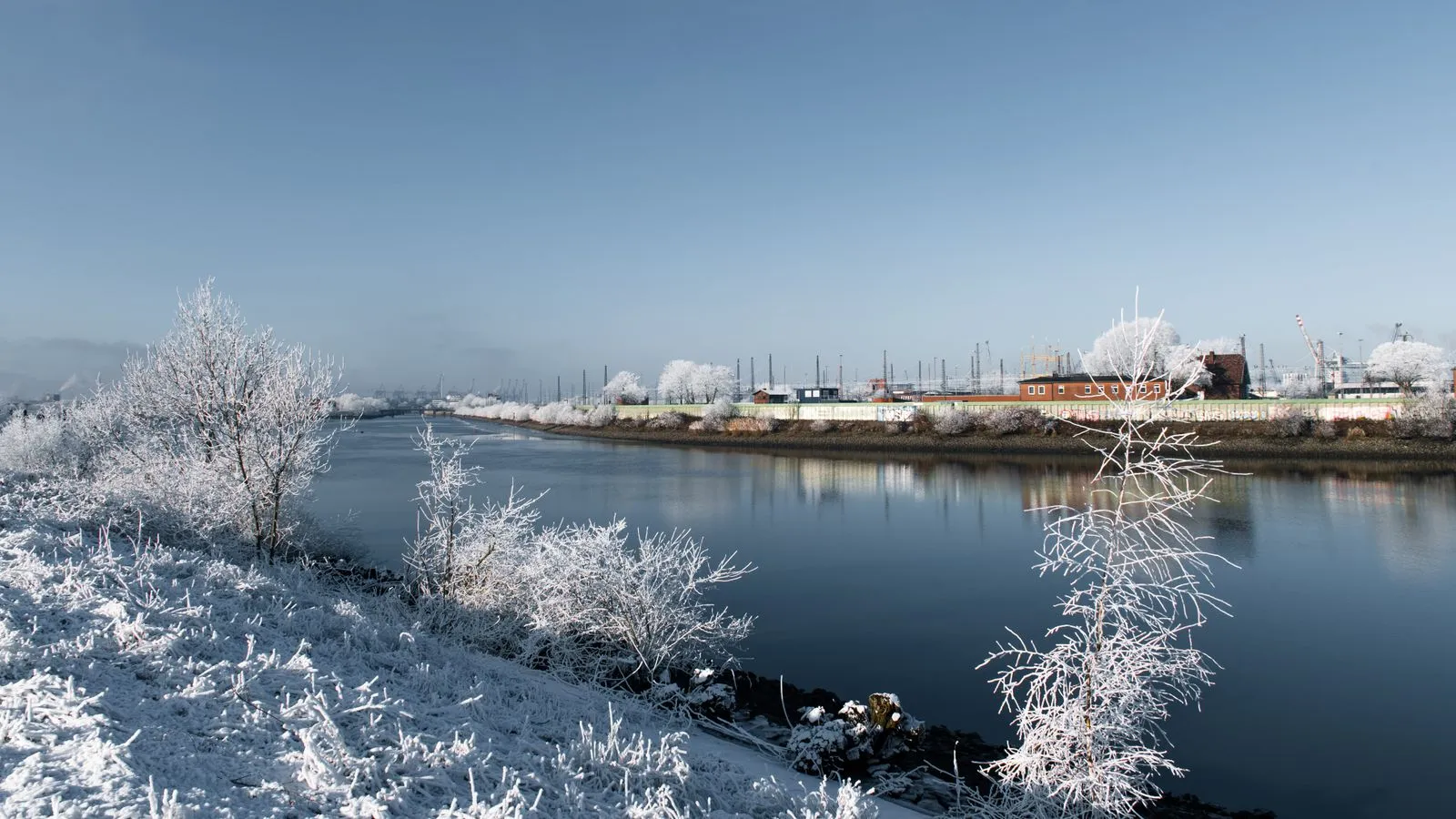 Verschneite Hamburger Uferlandschaft mit raureifbedeckten Bäumen und der Hafenkulisse im Hintergrund.